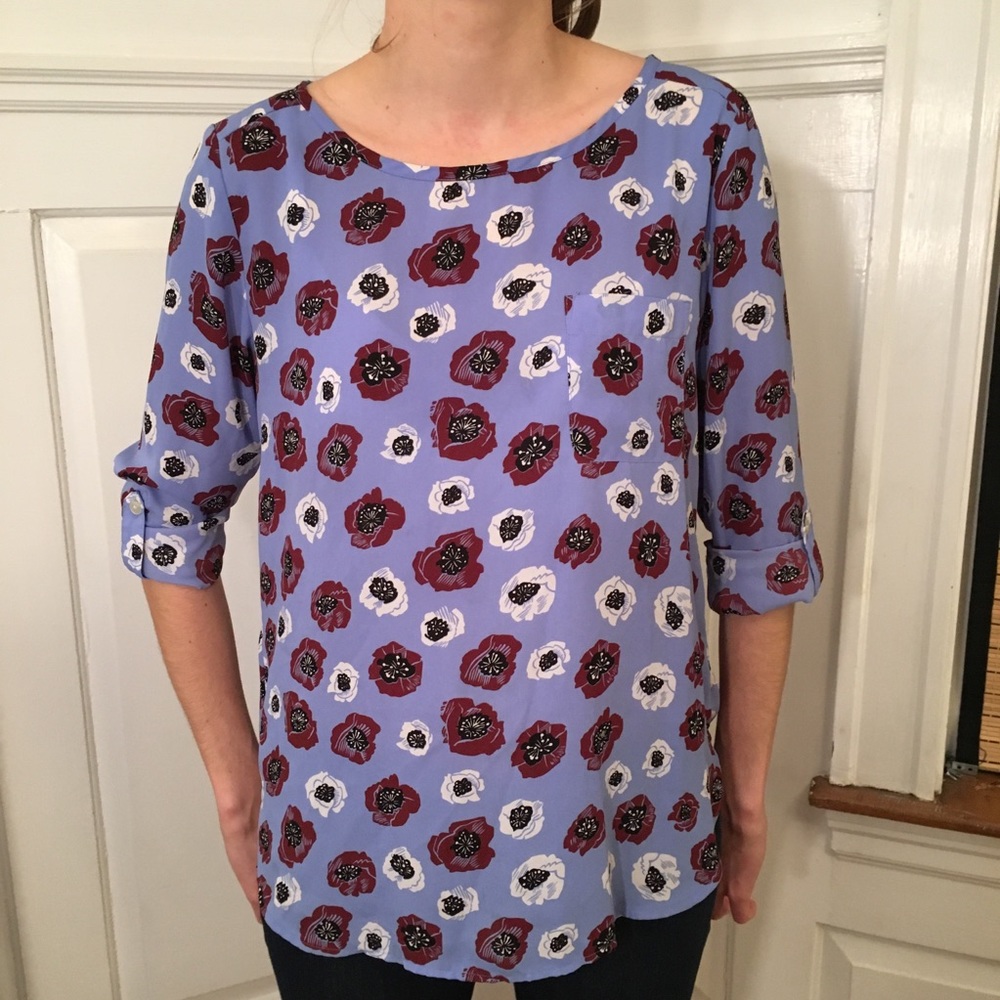 Loft Poppies Blue & Maroon Floral Blouse